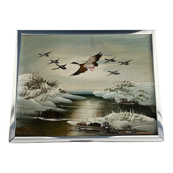 Vintage Signed Duck Landscape Oil Painting – 8x10 Framed Waterfowl Art by Martin - Picture 1 of 3